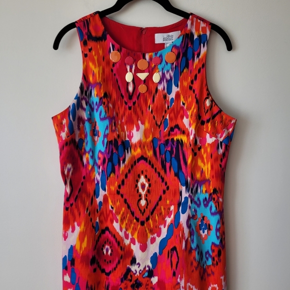 Belle Badgley Mischka Ikat Cotton Multi Color Sleeveless Sheath Dress Size 10 - Picture 4 of 15